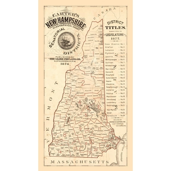 Historic State Map - New Hampshire - Carter 1878 - 23 x 41.60 - Vintage Wall Art