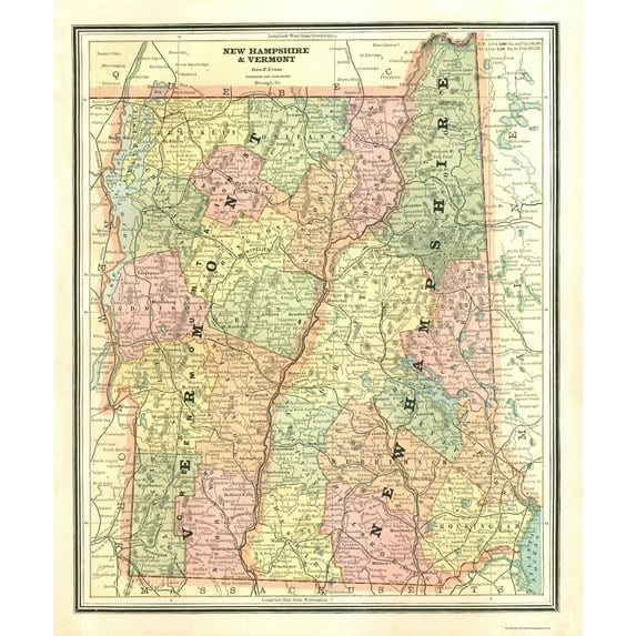 Historic State Map - New Hampshire Vermont - Cram 1886 - 23 x 27.63 - Vintage Wall Art