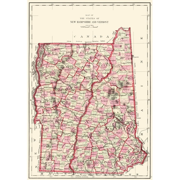 Historic State Map - New Hampshire Vermont - Hitchcock 1877 - Vintage Wall Art