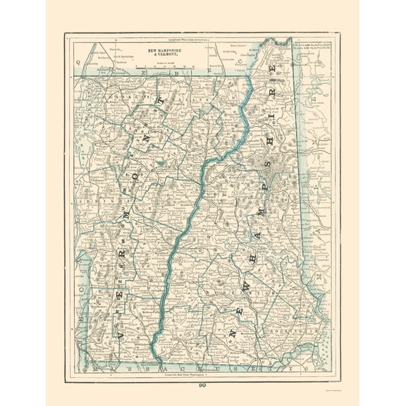 Historic State Map - New Hampshire Vermont - Rathbun 1893 - Vintage Wall Art
