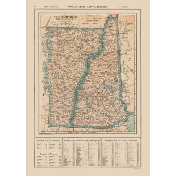 Historic State Map - New Hampshire Vermont - Reynold 1921 - 23 x 32.65 - Vintage Wall Art