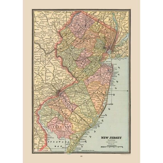 Historic State Map - New Jersey United States - Cram 1888 - Vintage Wall Art