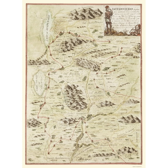 Historic State Map - New Mexico Route Indian Villages Missions 1777 - 23 x 31 - Vintage Wall Art