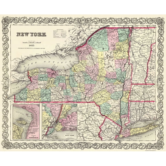 Historic State Map - New York - Colton 1855 - 27.88 x 23 - Vintage Wall Art