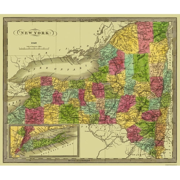 Historic State Map - New York - Greenleaf 1840 - 27.31 x 23 - Vintage Wall Art