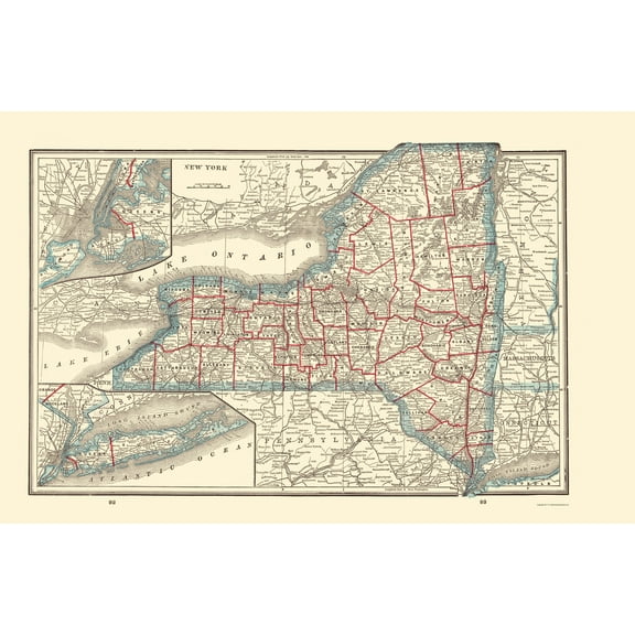Historic State Map - New York - Rathbun 1893 - 23 x 35.39 - Vintage Wall Art