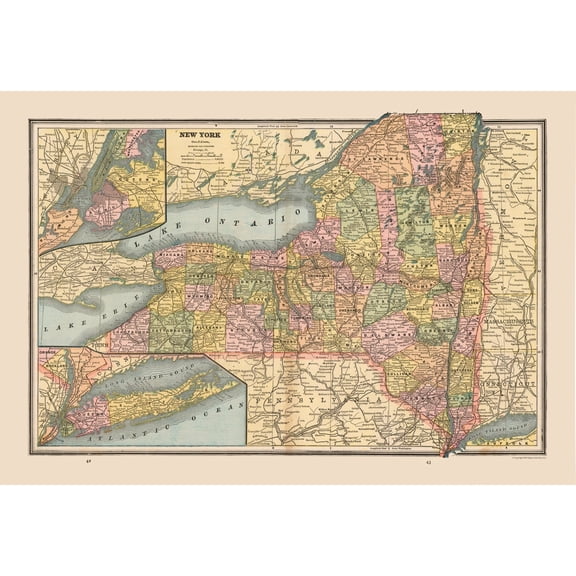 Historic State Map - New York United States - Cram 1888 - 33.62 x 23 - Vintage Wall Art