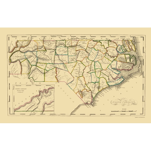 Historic State Map - North Carolina - Del 1814 - Vintage Wall Art