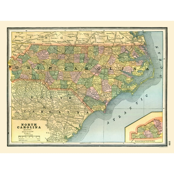 Historic State Map - North Carolina - Johnson 1888 - Vintage Wall Art