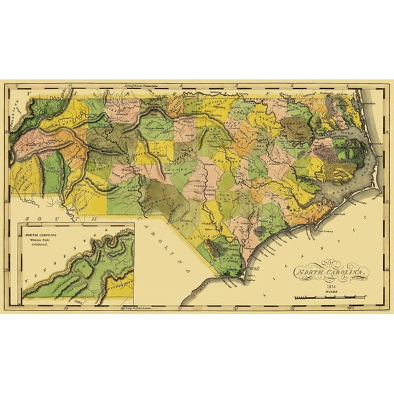 Historic State Map - North Carolina - Lewis 1814 - 38.63 x 23 - Vintage Wall Art