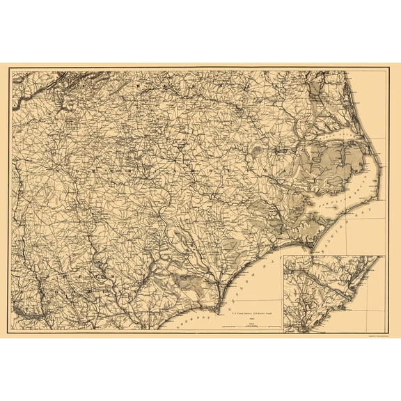 Historic State Map - North Carolina - Lindenkohl 1865 - 23 x 33.45 - Vintage Wall Art