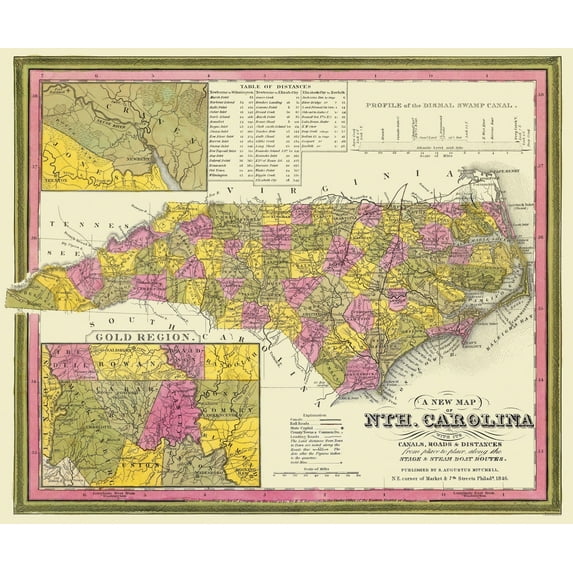 Historic State Map - North Carolina - Mitchell 1846 - Vintage Wall Art