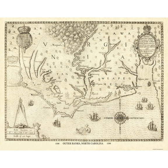 Historic State Map - North Carolina Outer Banks Virginia - 1590 - 29 x 23 - Vintage Wall Art