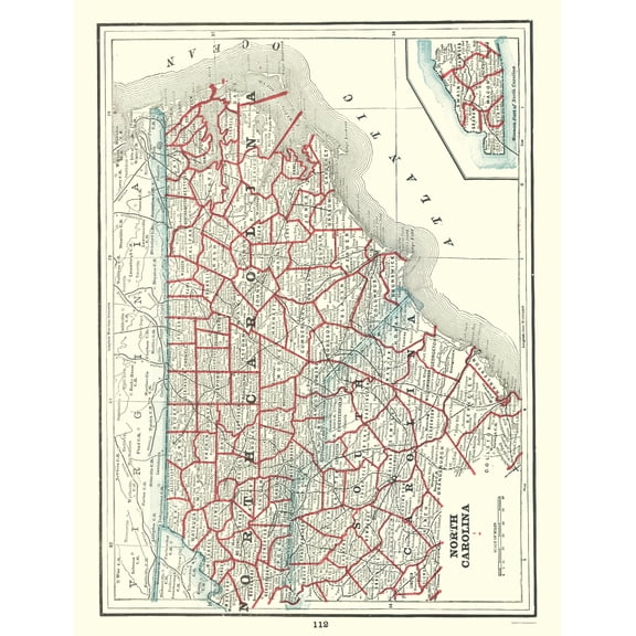 Historic State Map - North Carolina - Rathbun 1893 - 23 x 29.94 - Vintage Wall Art