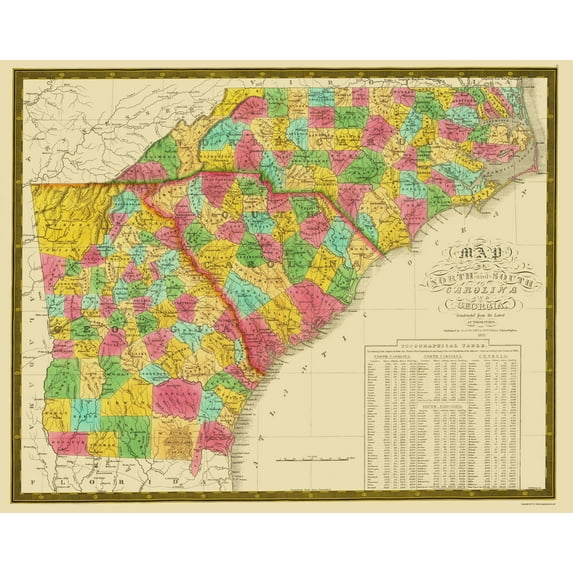 Historic State Map - North Carolina South Carolina Georgia 1831 - 23 x 29 - Vintage Wall Art