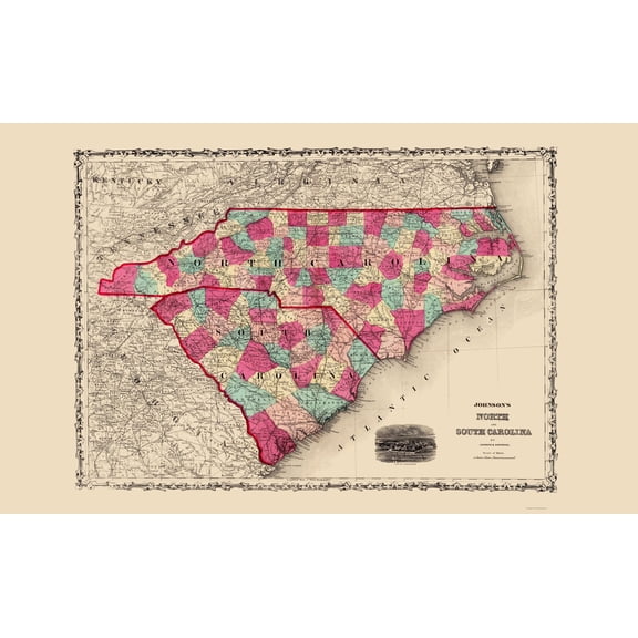 Historic State Map - North Carolina South Carolina - Johnson 1860 - 23 x 37.47 - Vintage Wall Art
