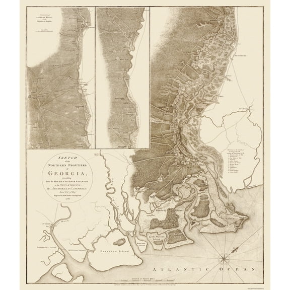 Historic State Map - Northern Frontiers Sketch Georgia - Campbell 1780 - 23 x 25 - Vintage Wall Art