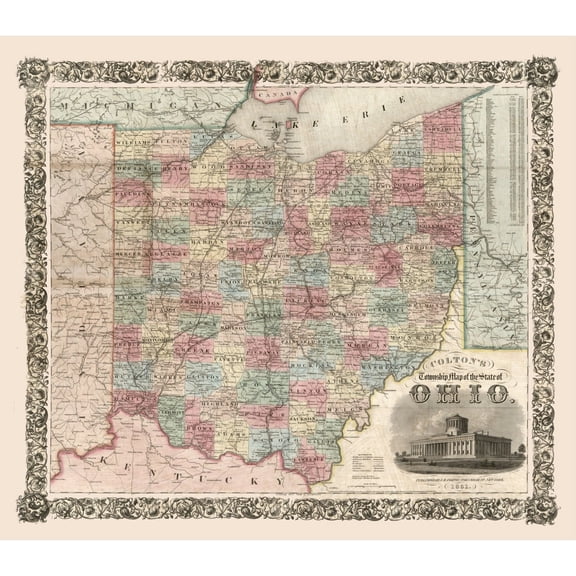 Historic State Map - Ohio - Colton 1851 - 26.26 x 23 - Vintage Wall Art