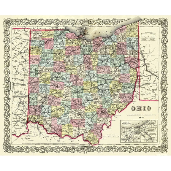 Historic State Map - Ohio - Colton 1855 - 28 x 23 - Vintage Wall Art