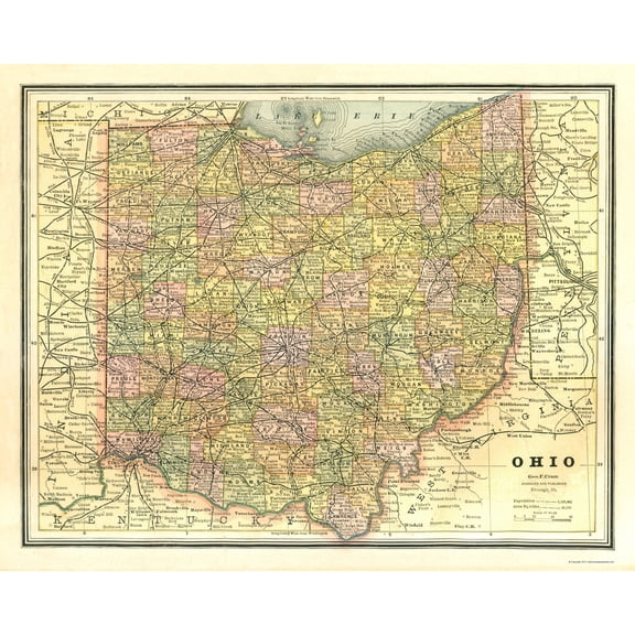 Historic State Map - Ohio - Cram 1886 - Vintage Wall Art