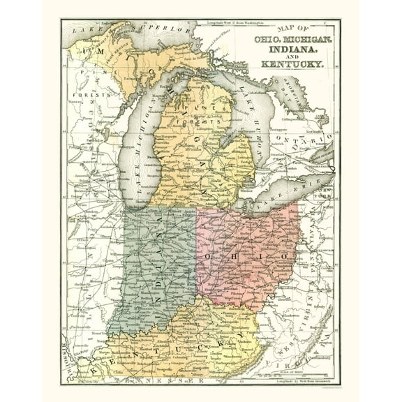 Historic State Map - Ohio Michigan Indiana Kentucky - Mitchell 1869 - 23 x 29.12 - Vintage Wall Art