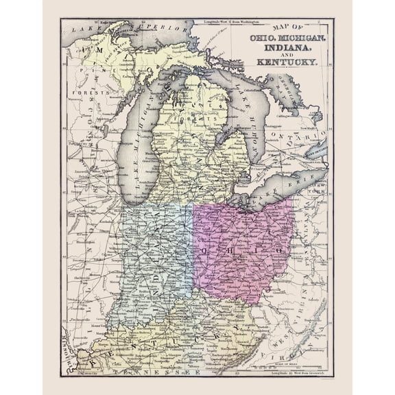 Historic State Map - Ohio Michigan Indiana Kentucky - Mitchell 1877 - 23 x 29.28 - Vintage Wall Art