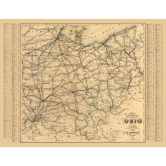 Historic State Map - Ohio - Sabine 1882 - 29.77 x 23 - Vintage Wall Art