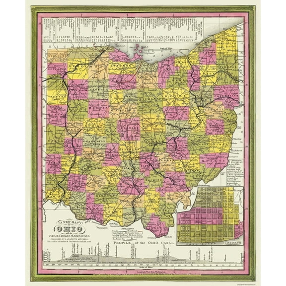 Historic State Map - Ohio with Cincinnati Ohio - Mitchell 1846 - 23 x 27.94 - Vintage Wall Art