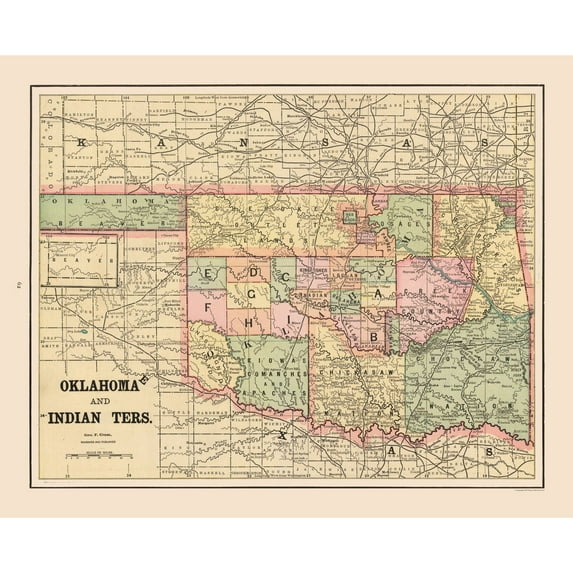 Historic State Map - Oklahoma Indian Territory - Cram 1892 - Vintage Wall Art