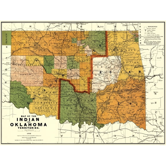 Historic State Map - Oklahoma Indian Territory - Rand McNally 1892 - Vintage Wall Art