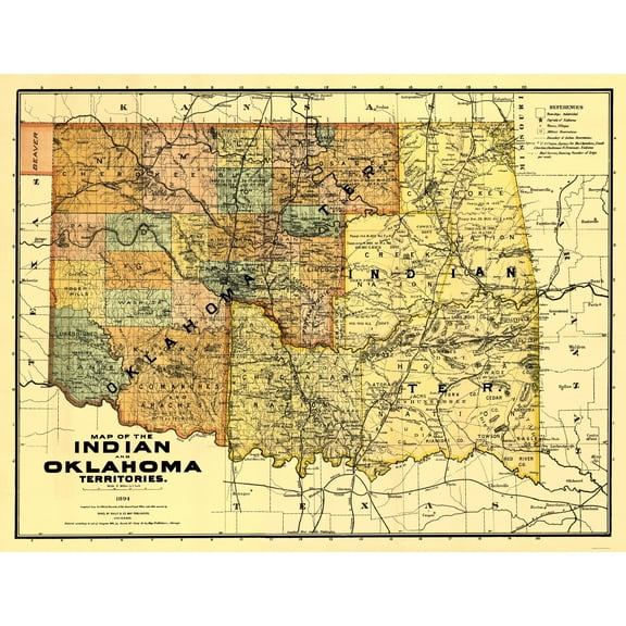 Historic State Map - Oklahoma Indian Territory - Rand McNally 1894 - 23 x 30.06 - Vintage Wall Art