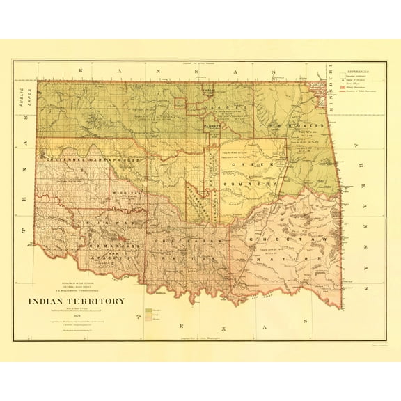Historic State Map - Oklahoma Indian Territory - Roeser 1879 - 23 x 28.53 - Vintage Wall Art