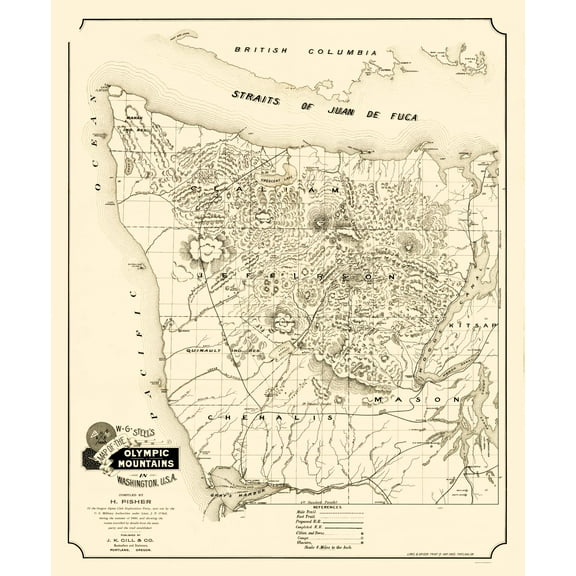 Historic State Map - Olympic Mountains Washington - Gill 1890 - 23 x 27.91 - Vintage Wall Art