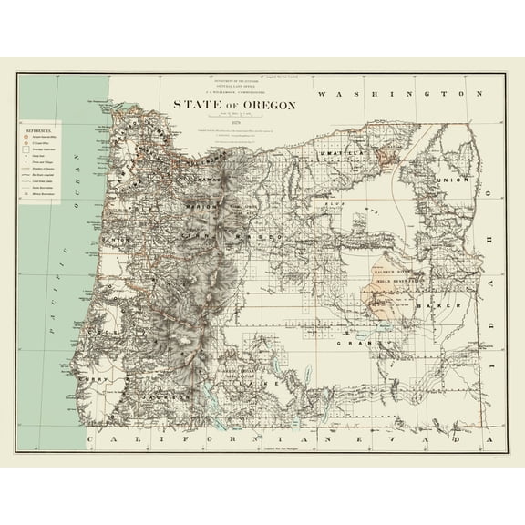 Historic State Map - Oregon - Bien 1879 - 23 x 29.34 - Vintage Wall Art