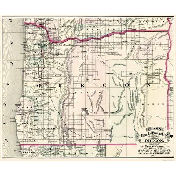 Historic State Map - Oregon - Cram 1875 - 27.63 x 23 - Vintage Wall Art