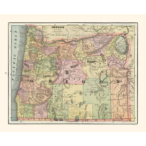 Historic State Map - Oregon - Cram 1892 - 28.53 x 23 - Vintage Wall Art