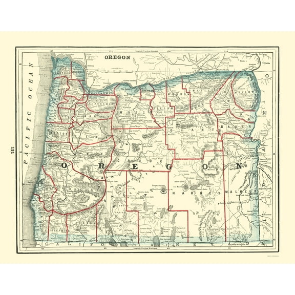 Historic State Map - Oregon - Rathbun 1893 - Vintage Wall Art