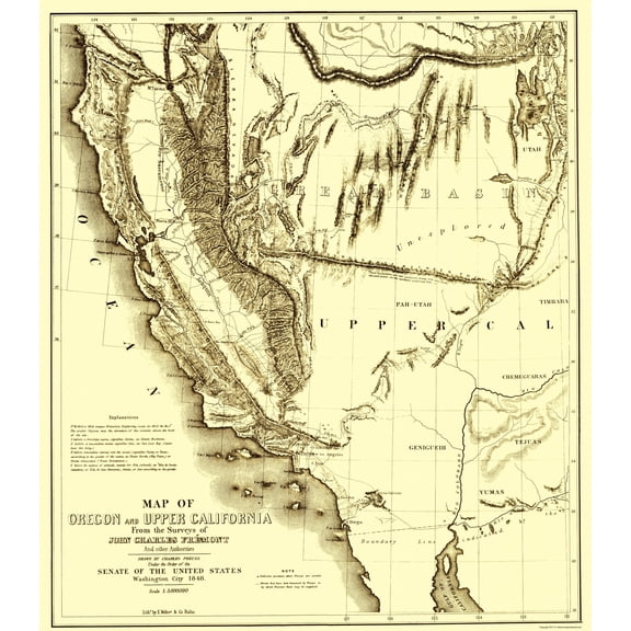 Historic State Map - Oregon Upper California - Preuss 1848 - 23 x 26.27 - Vintage Wall Art
