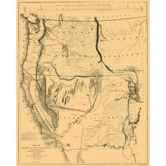 Historic State Map - Oregon Upper California Territories - Preuss 1848 - 23 x 28.50 - Vintage Wall Art