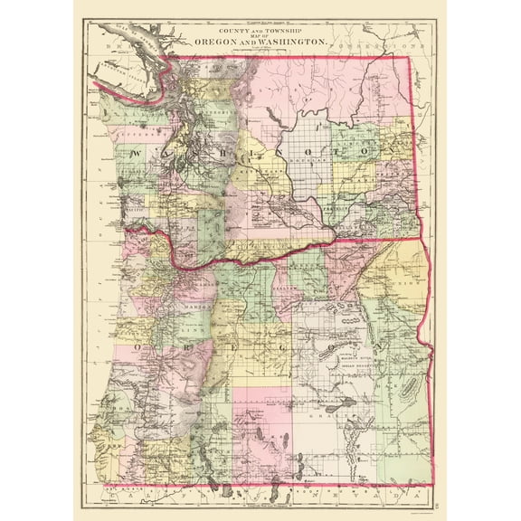 Historic State Map - Oregon Washington - Bradley 1887 - 23 x 32.05 - Vintage Wall Art