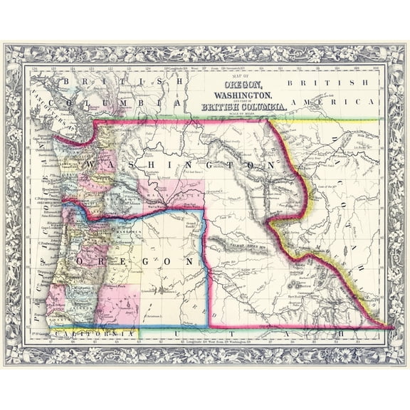 Historic State Map - Oregon Washington British Columbia - 1860 - 23 x 28.59 - Vintage Wall Art