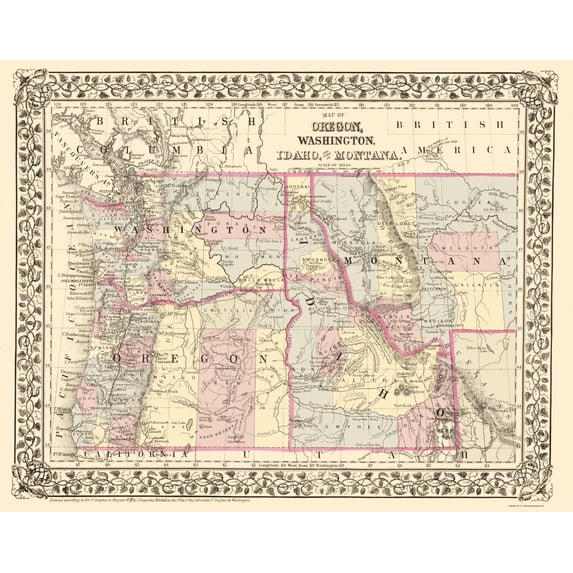 Historic State Map - Oregon Washington Idaho Montana - Campbell 1879 - Vintage Wall Art
