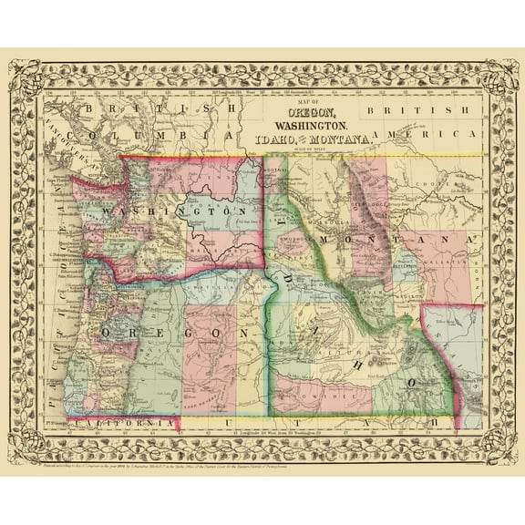 Historic State Map - Oregon Washington Idaho Montana - Mitchell 1870 - 23 x 28.09 - Vintage Wall Art