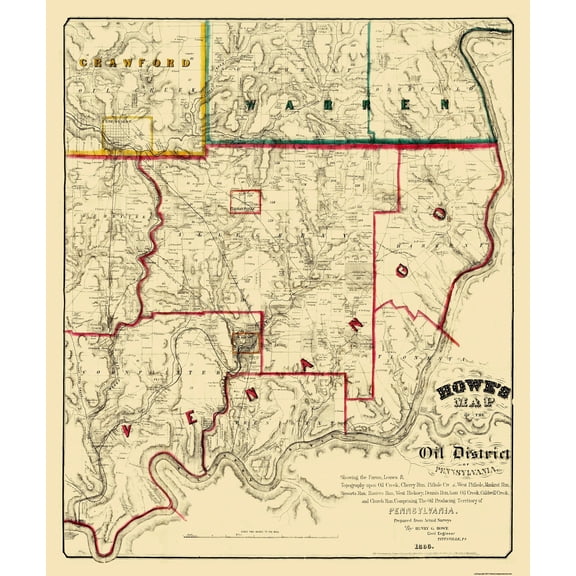 Historic State Map - Pennsylvania County Oil Districts - Howe 1866 - 23 x 27 - Vintage Wall Art
