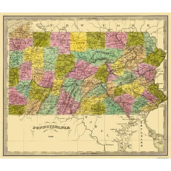 Historic State Map - Pennsylvania - Greenleaf 1840 - Vintage Wall Art