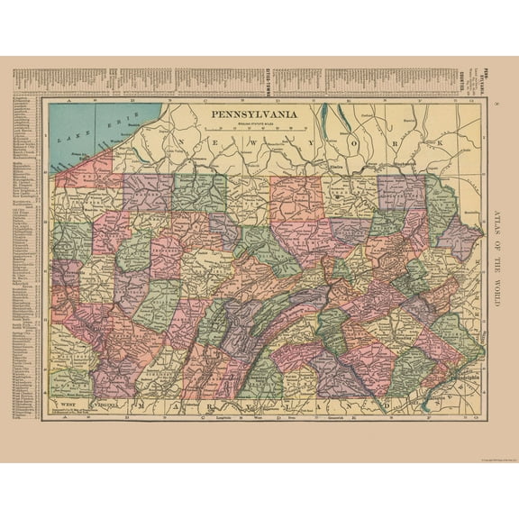 Historic State Map - Pennsylvania - Hammond 1910 - 29.30 x 23 - Vintage Wall Art
