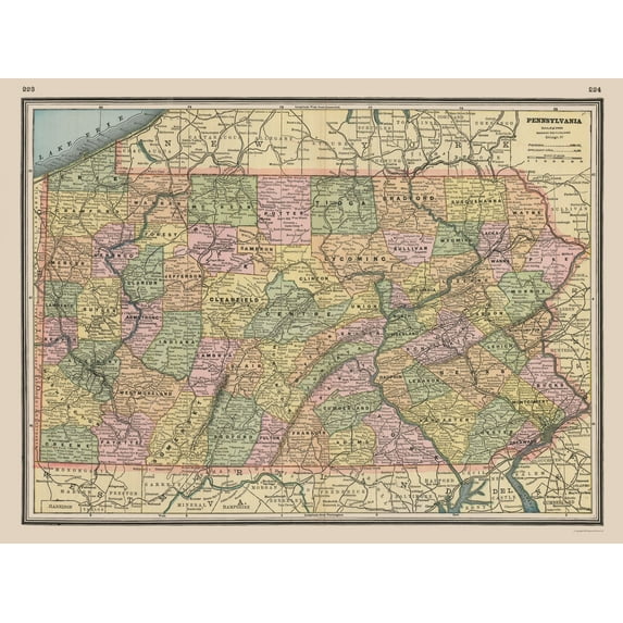 Historic State Map - Pennsylvania - Johnson 1888 - Vintage Wall Art