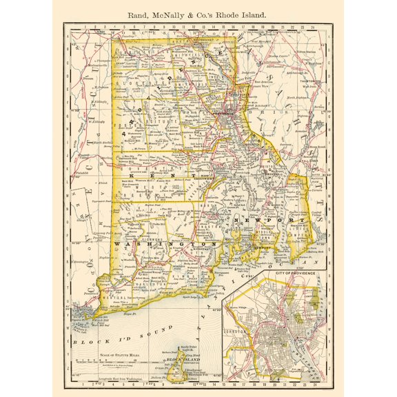 Historic State Map - Rhode Island - Rand McNally 1879 - Vintage Wall Art