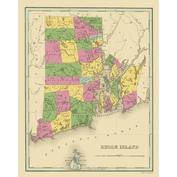 Historic State Map - Rhode Island - Strong 1841 - Vintage Wall Art