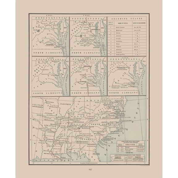 Historic State Map - Seceding States 18601865 - Cram 1892 - Vintage Wall Art